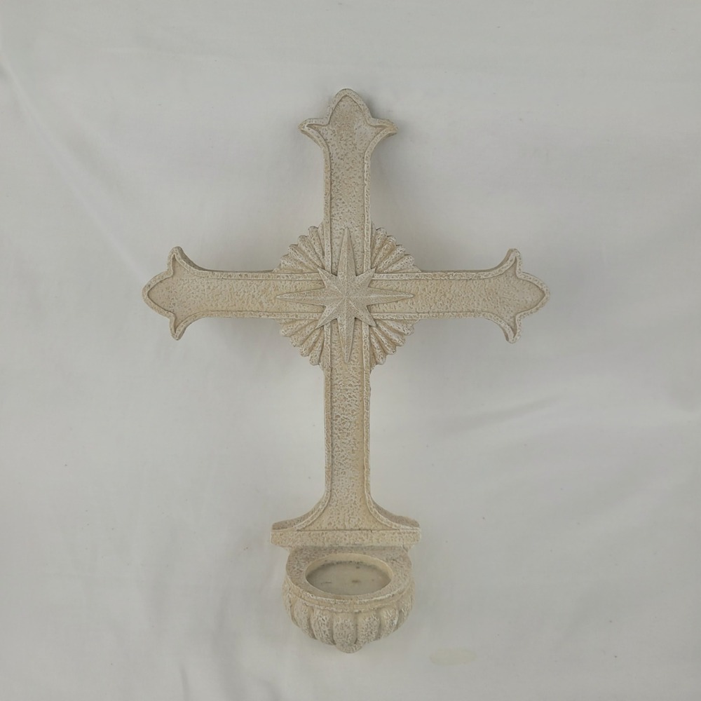 Vintage Sandstone Resin Wall Cross with Candle Holder Starburst Religious Decor